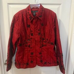 Vtg Silkland XL Ruby Red 100% Silk Jacket Floral Embroidered Beaded Quilted Coat